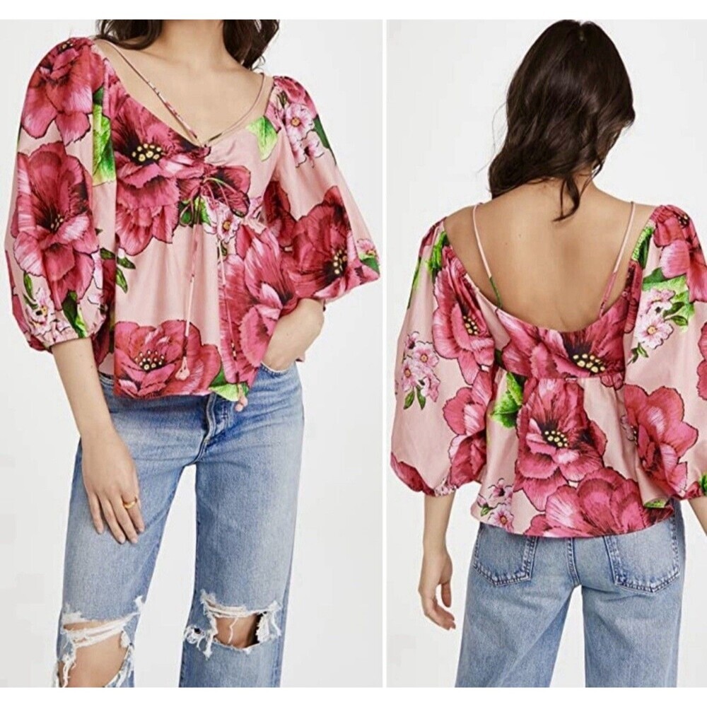 Farm Rio Chita Blouse XS Pink Floral Puff Sleeve Babydoll Cotton Top